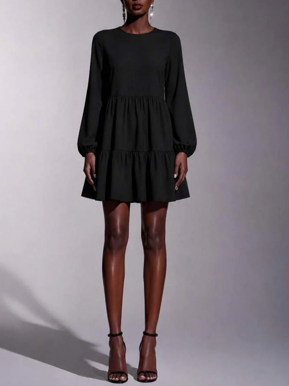 Boho black ruffle hem ribbed knit fall dress